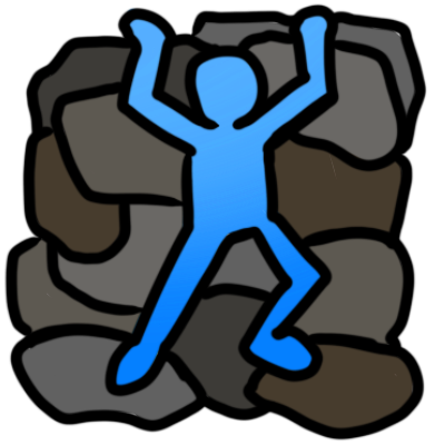 a blue figure climbing up a rocky surface